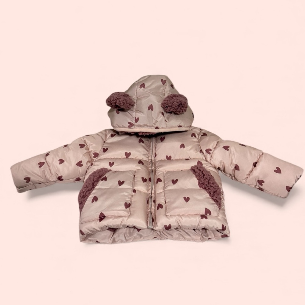 Jessica Simpson Baby Girls 12M Pink Heart Print Sherpa Lined Puffer Jacket Coat